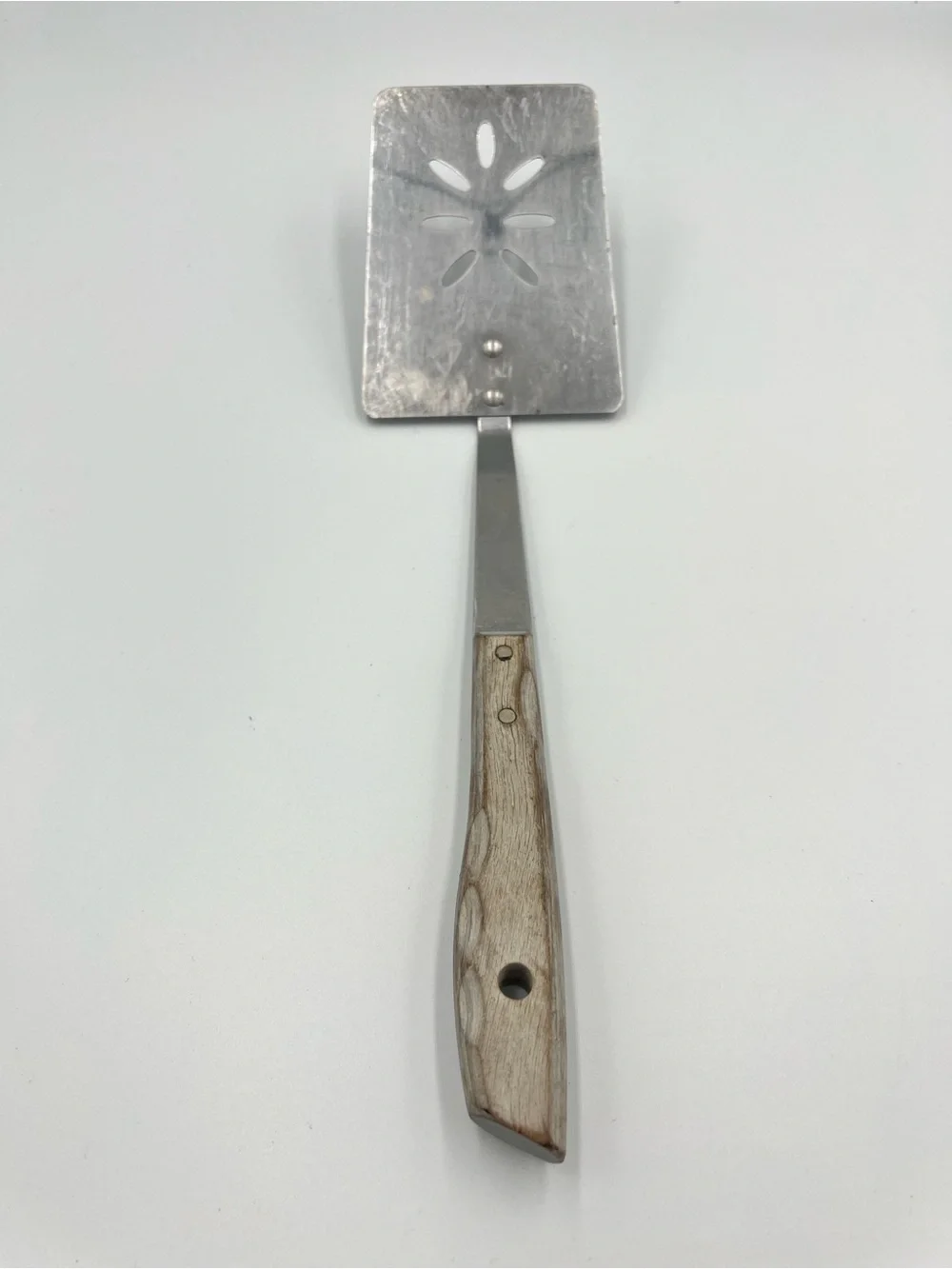 Vintage Very Sharp USA Stainless Steel Slotted Turner Spatula with Wood Handle